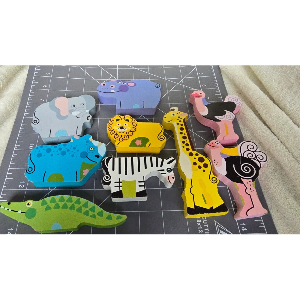 Wooden Safari Animal Blocks Set 9pc Lion Giraffe Elephant Zebra Hippo Toy